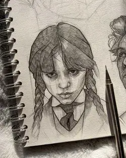 Addams Family - Wednesday and Thing, Jenna Ortega. Realistic Celebrity Pencil Portrait.