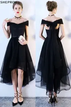 Black Tulle High Low Homecoming Dress Off Shoulder Sleeves - $71.1 #BLS86003 - SheProm.com