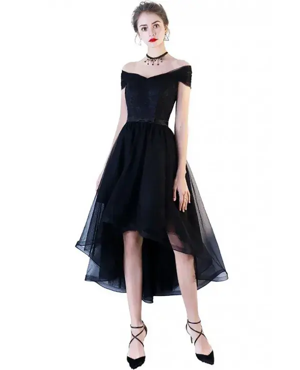 Black Off Shoulder Homecoming Party Dress High Low with Bow in Back