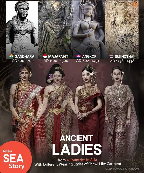 Ancient Ladies from 4 Countries in Asia with Different Wearing Styles of Shawl Like Garment