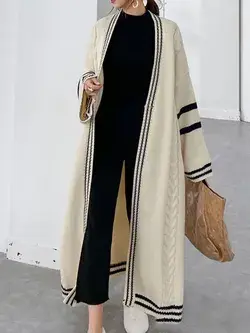 Urban Loose Contrast Color Striped Cardigan Coat APRICOT-FREE SIZE