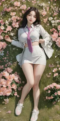 Cute School Girl / Flower Background