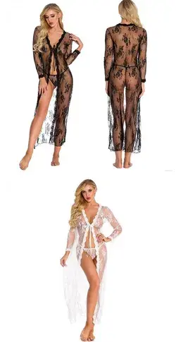 Sexy lange Robe für Frauen Übergröße Spitze Hohles Nachthemd Langarm Transparent Nachthemd Dessous