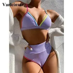 US $10.3 22% OFF|4 Colors Ribbed High Waist Bikini Female Swimsuit Women Swimwear Two pieces Bikini 