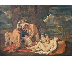 Poster „The Infancy of Bacchus, or the Little Bacchanal, C.1624-25" von Nicolas Poussin, Kunstdruck East Urban Home Größe: 50cm H x 70cm B x 0,2cm T