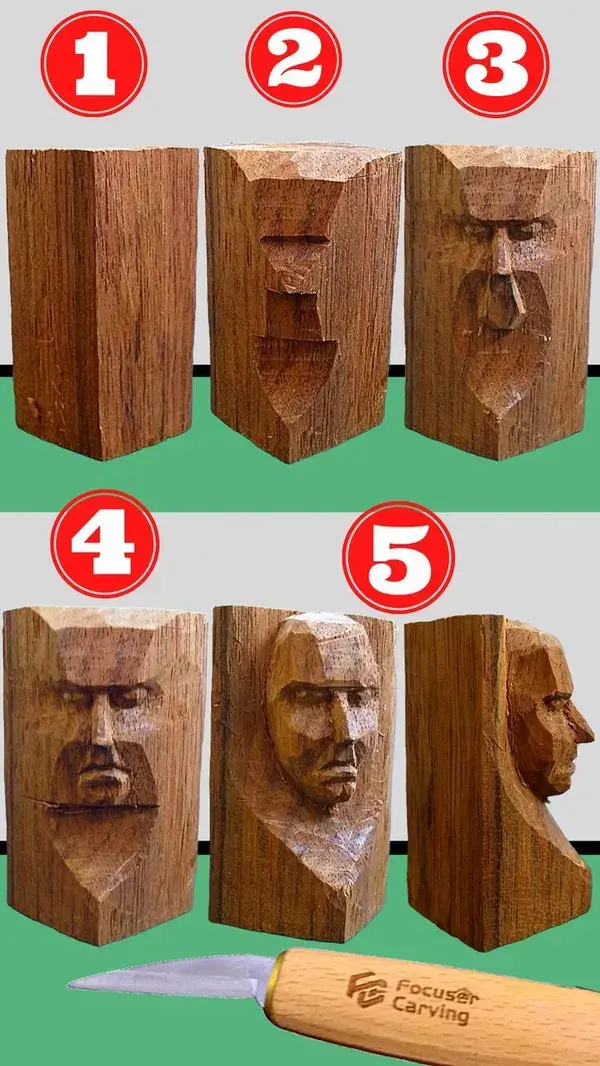 5 Steps for CARVE a FACE, KNIFE ONLY,  Whittling and WOOD CARVING for beginners