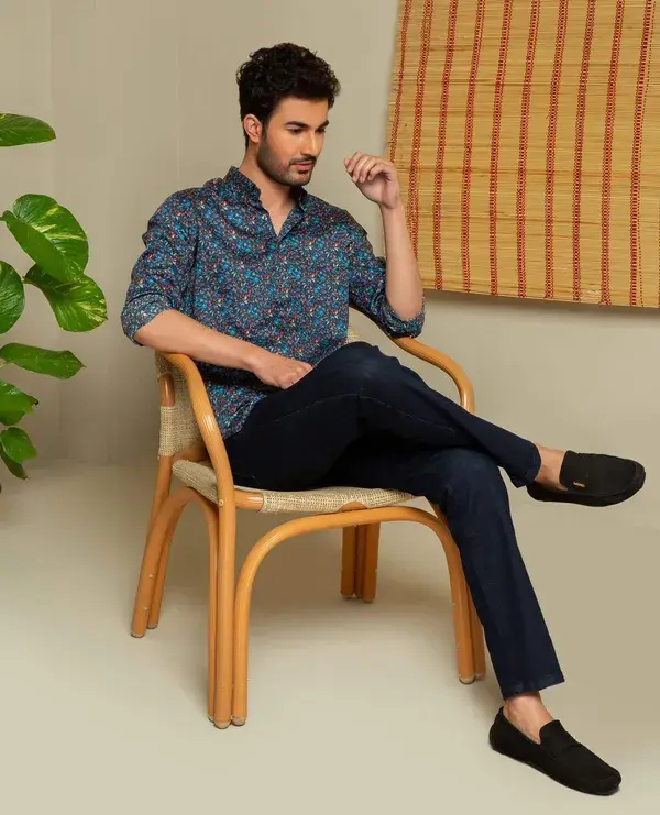 Funky & stylish navy printed shirt with an all-over floral printed pattern