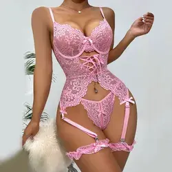 Fashion Lingerie Set Women Lace Mesh See Through Hollow Out Garters Thong Push Up Bra Set Female Porno Erotic Costume Underwear Set Pink-M