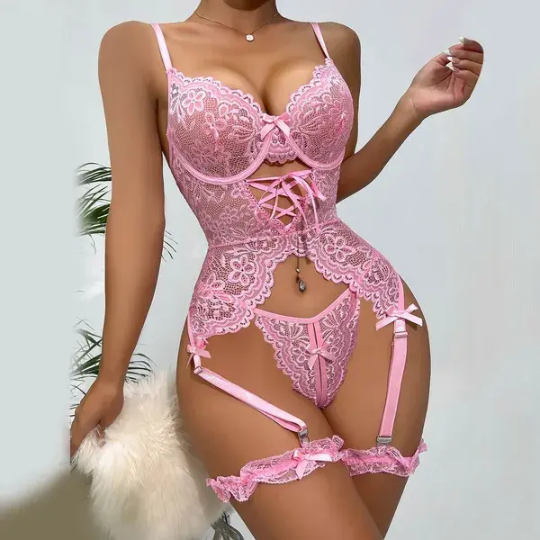 Fashion Lingerie Set Women Lace Mesh See Through Hollow Out Garters Thong Push Up Bra Set Female Porno Erotic Costume Underwear Set Pink-M