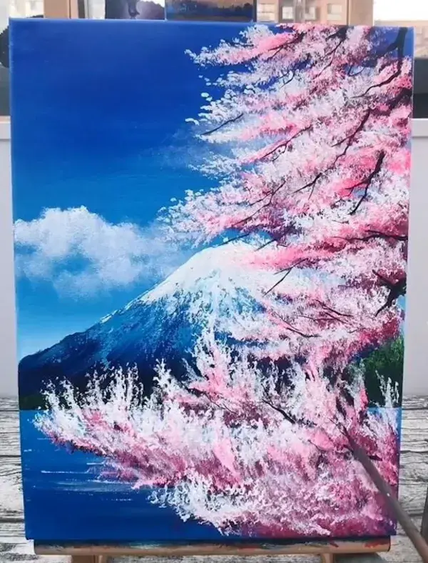 Cherry Blossoms in Mt Fuji Landscape with Acrylic Painting 🗻🌸