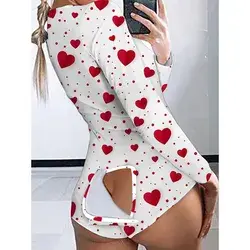 Women's Onesie Heart Dot Hot Casual Comfort Home Daily Bed Polyester V Wire Long Sleeve Hole Fall Winter White