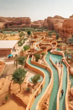 Desert Water Park Escapes: AI Architecture & Nature's Oasis