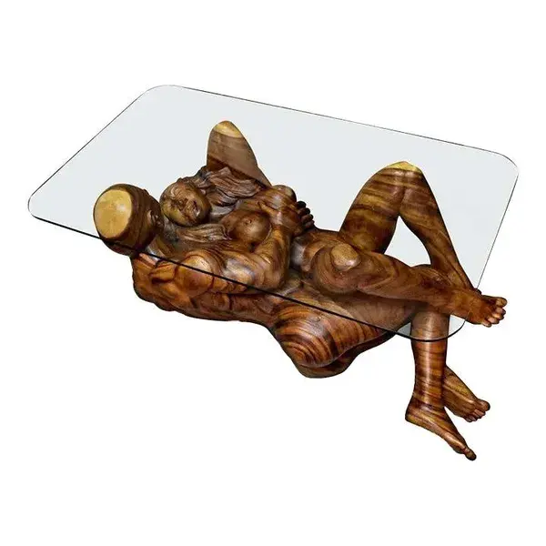 Hand Carved Nearly Life Size Figural Lovers Embrace Sculptural Coffee Table