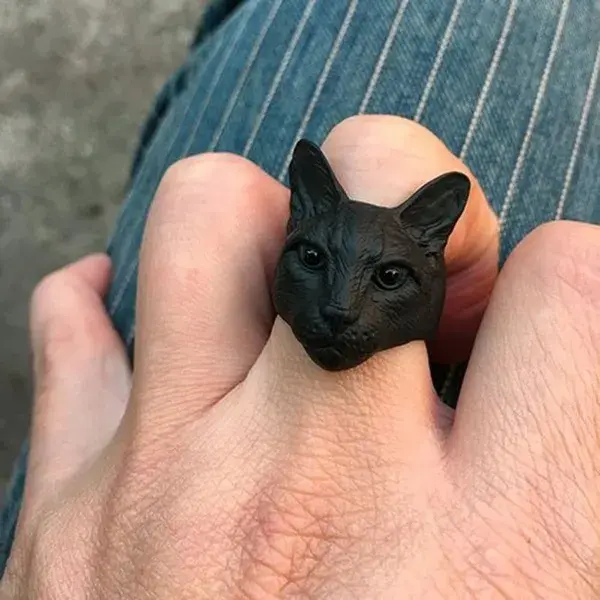 Oversize black cat ring - Silver