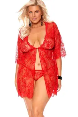 Plus Size Eyelash Lace Babydoll With Front Clip Closure - Red / 2X