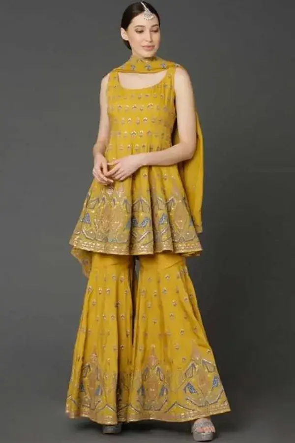 Dijon Yellow Sequins Embroidered Silk Palazzo Suit
