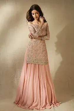 Designer rose pink Sharara suit with heavy work top. SM wholesaler of salwar suits