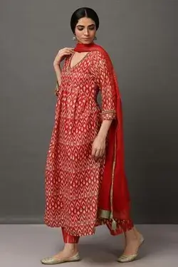 Nuhh Ikat Print Kurta Set | Red, Polyester, Kurta, Kurta