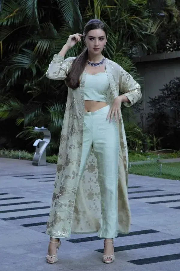 Light Green Silk Sequins Embroidered Crop Top Suit