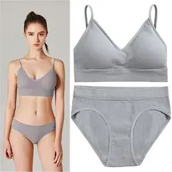 Fashion Seamless Bra Set Women Panties + Wireless Bras Underwear Set Basic Crop Tops Camisole Tank Briefs Intimate Lingerie Suit Gray-Bra L-XL panties S-M