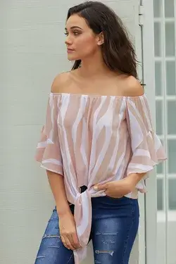 Off Shoulder Vertical Stripes Blouse - Pink / 2XL