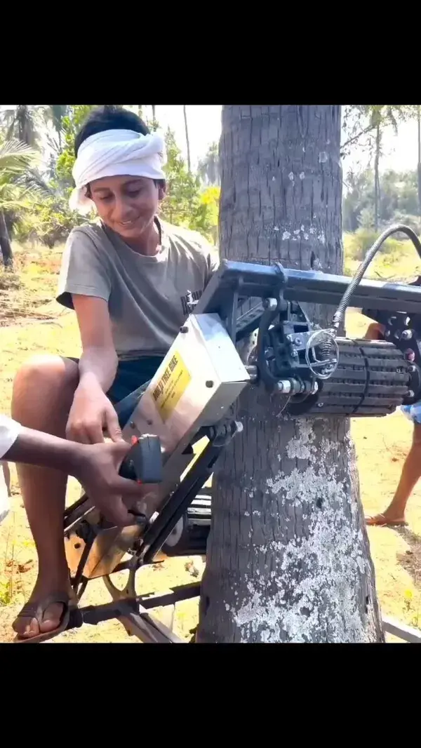 A young boy learns how to climb coconut trees using a tree bike.⁠