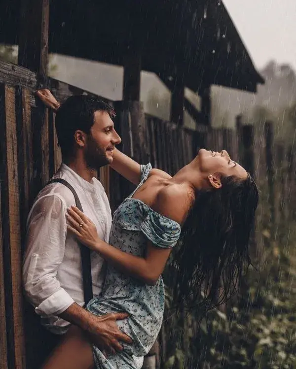 romantic couple in rain