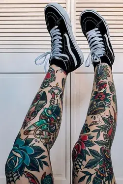 Traditional Patchwork Leg Sleeve Old School Tattoos by Matt Cannon