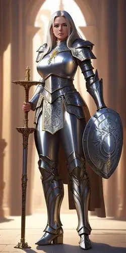 Female paladin, full plate armor and shield