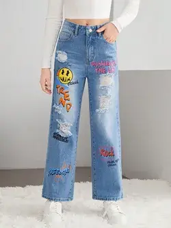 Teen Girls Slogan & Cartoon Graphic Ripped Straight Leg Jeans