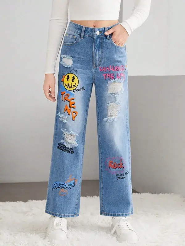 Teen Girls Slogan & Cartoon Graphic Ripped Straight Leg Jeans