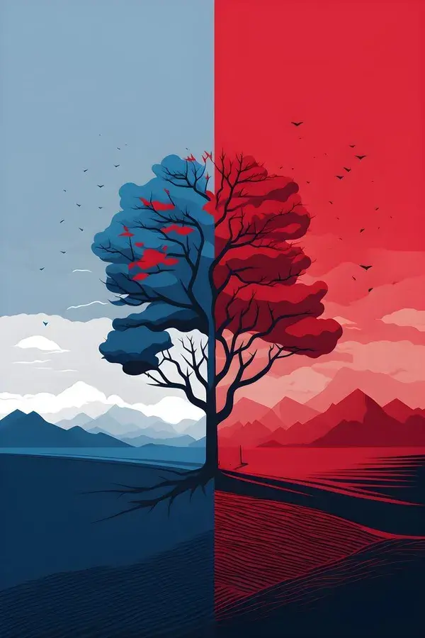 red and blue tree illustration