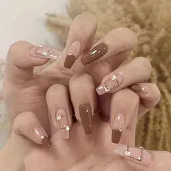 24pcs Spring Autumn Press On Nails, Long Coffin Brown Fake Nails With Rhinestone Design, Glossy Full Cover Ballerina False Nails For Women And Girls