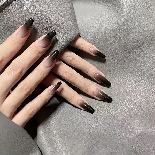 24pcs Gradient Black French Tip Press On Nails Long Coffin Fake Nails Glossy Full Cover False Nails For Women Girls