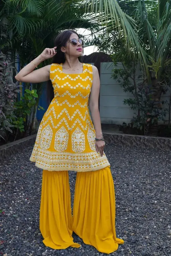 Buy Sensational Yellow Embroidery Sharara Suit