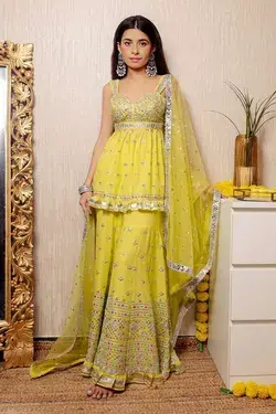 Silk Peplum Tunic Sharara Set by Gopi Vaid at Aza Fashions