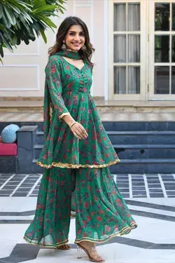Green Floral printed Georgette Salwar Anarkali suit Designer All sizes are available . Buy Now