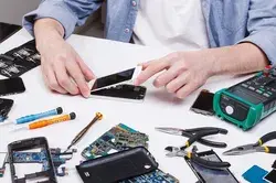 Repairman disassembling phone for featuring hand, man, and technology