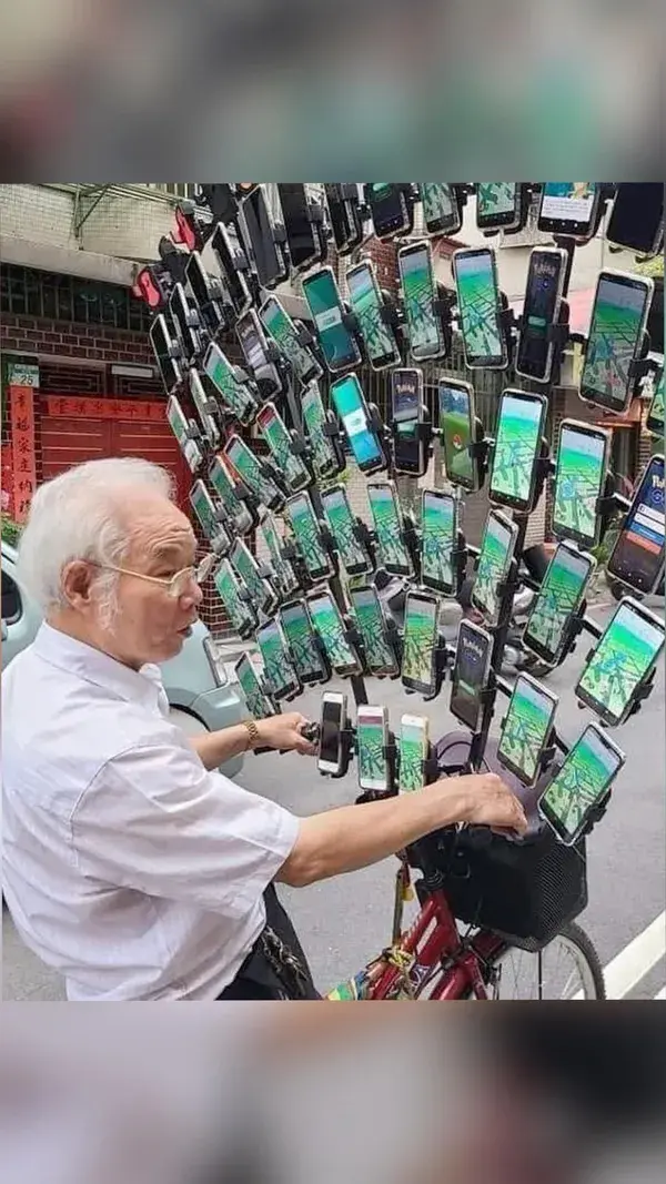 74-year-old man plays pokémon go on 64 phones rigged to his bike. 🚲