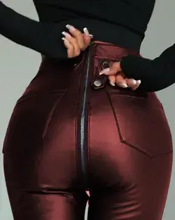 Martina Leather Zipper Pocket Design Skinny Pants - S / Wine Red