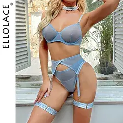 LUXURYSTEPS Set Woman 4 Pieces Sexy Erotic Lingerie Underwear Bra Garters Brief Sets Transparent Lace Seamless Blue Setup Ladies - Light Blue / XL