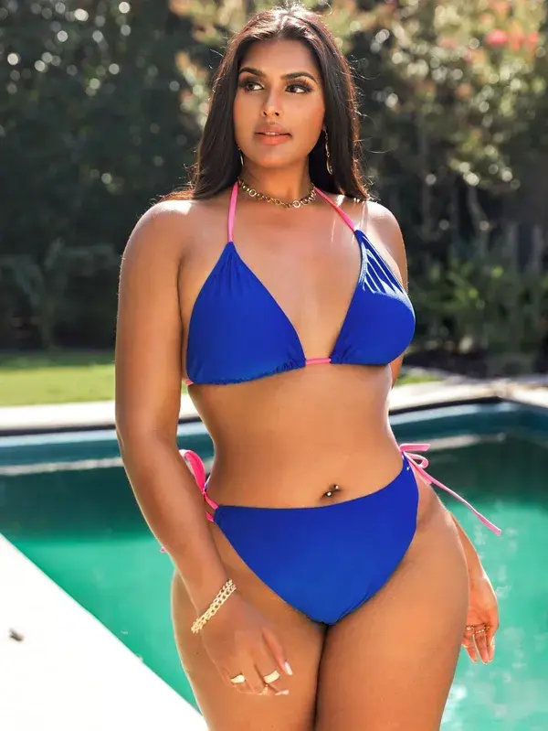Vestido de baño bikini halter neón con cordón lateral - azul real / 2XL