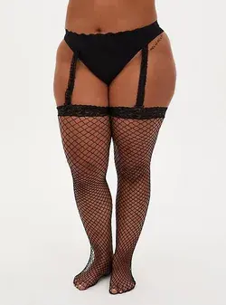 Fishnet & Lace Faux Garter Tights in Black