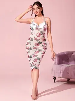 Floral Print Slit Back Lace Detail Cami Nightdress Without Lingerie