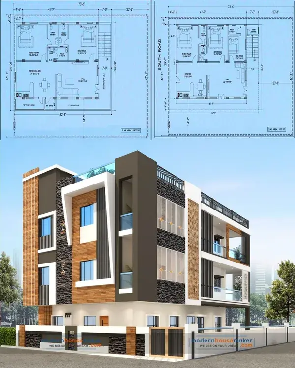 34x53 Dream House Designs with Floor Plan and Elevation.