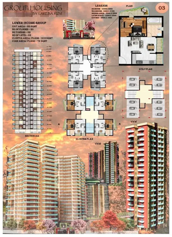 Group housing
Photoshop rendered sheets 
A1 sheet
Presentation sheets