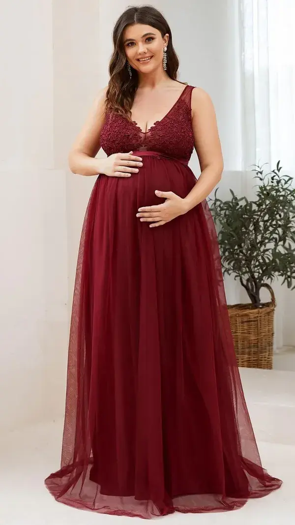 Plus Size Double V-Neck Lace Bodice Long Flowy Maternity Dress