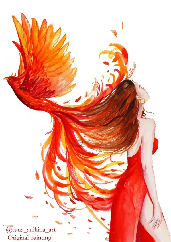 Phoenix Painting Phoenix And Woman Art Original Girl And Phoenix Watercolor Firebird Artwork