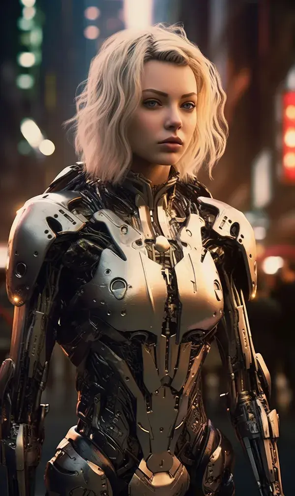pale-skinned blonde woman dressed in extremely detailed futuristic tactical armor