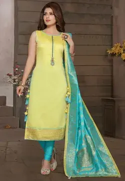Embroidered Art Silk Straight Suit in Light Green